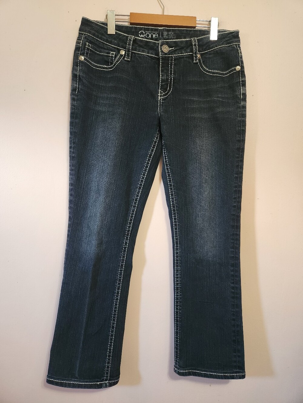 Warehouse One Mid Rise Relaxed Straight Jeans Thick Stitch Embroidered Y2K 31